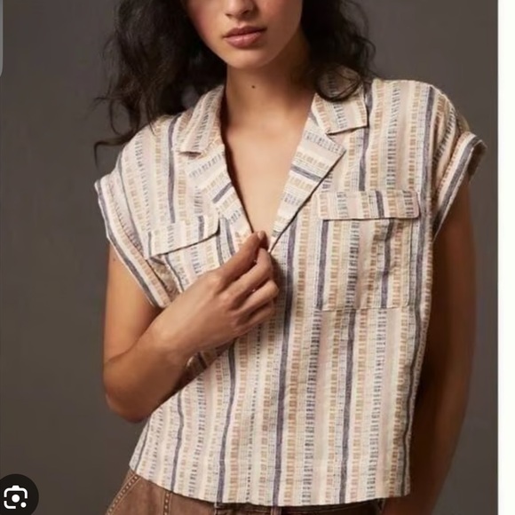 Anthropologie Cropped Stripes Utility Pullover Top - Picture 1 of 4